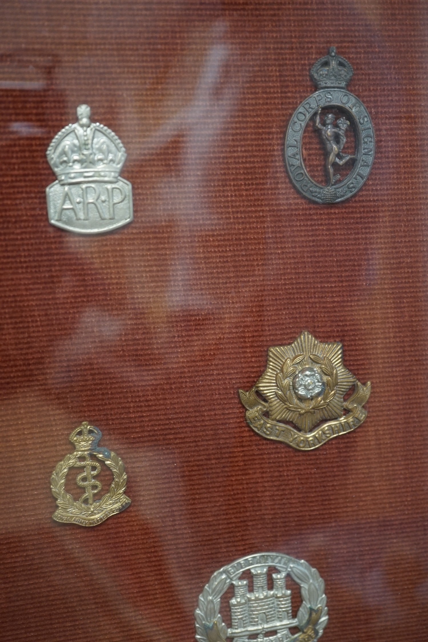 A framed collection of military cap Badges
